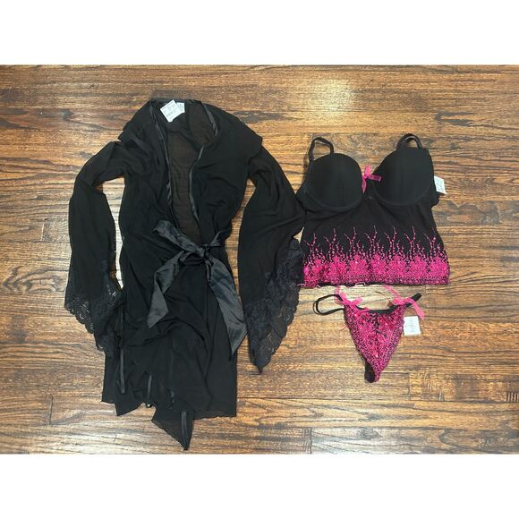 Frederick's of Hollywood lingerie bustier robe set black pink sequins Small NWT - Picture 1 of 2
